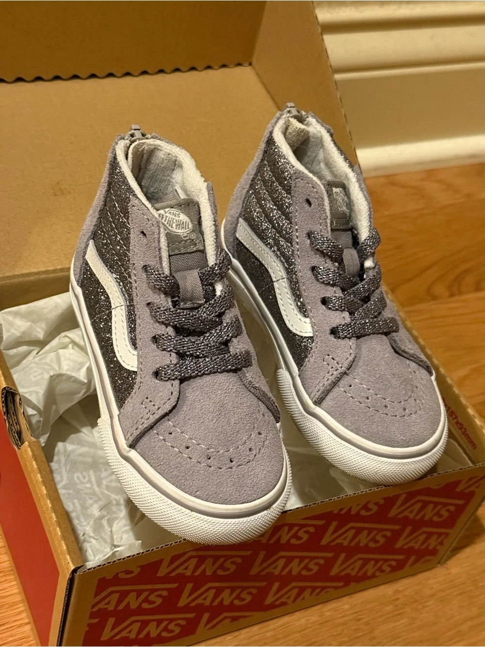 Vans Toddler High-Top Glitter Sneakers in Gray and White